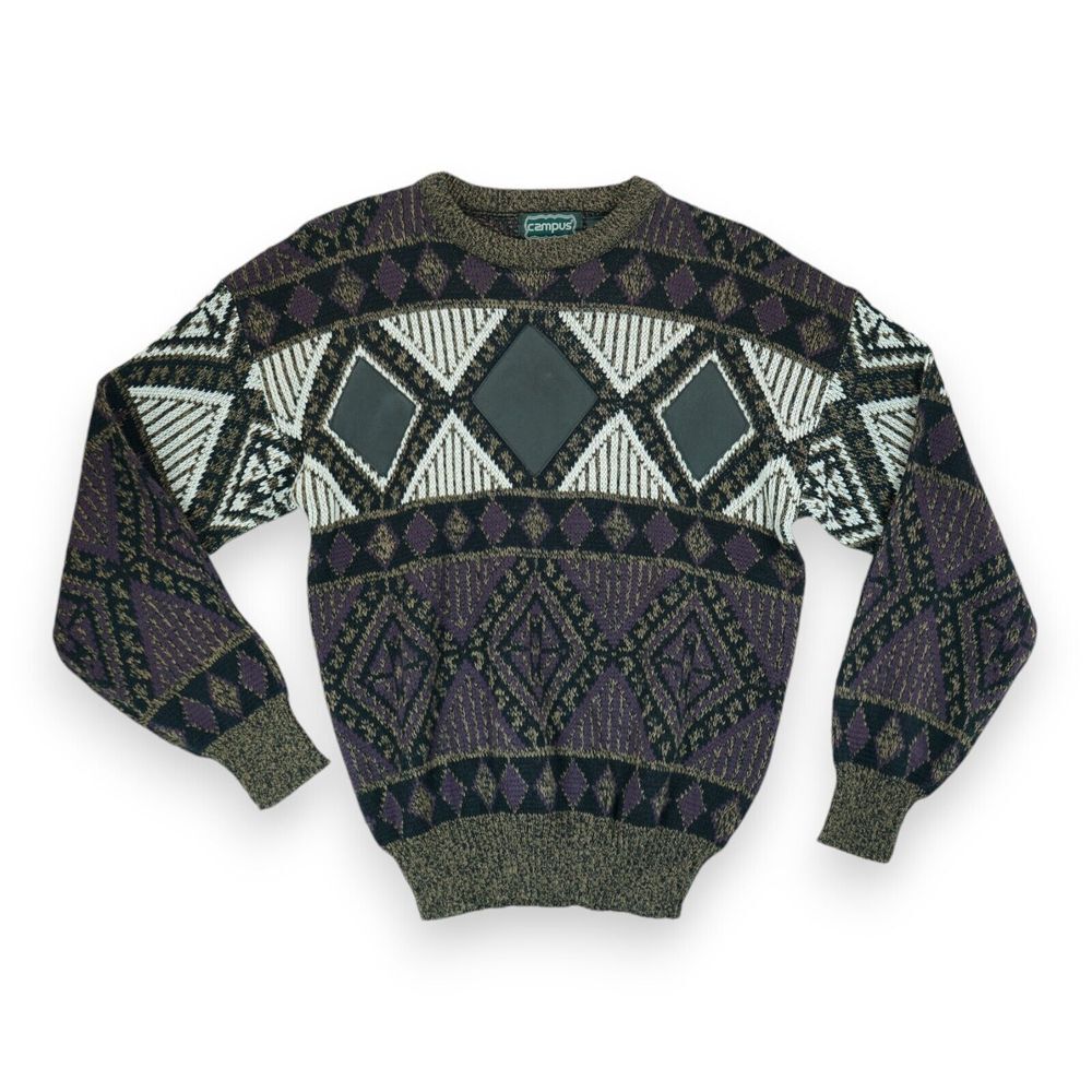 Vintage Campus Men's Diamond Geometric Leather Trim Sweater Size L Korea Made